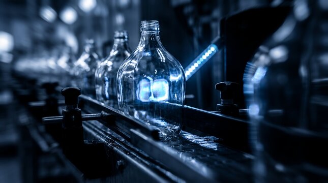 Automated glass bottle manufacturing line showcasing clear glass containers, conveyor belt system and industrial machinery, concept for mass beverage production and factory automation