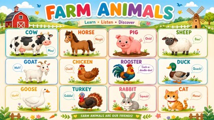 Fototapeta premium Bright educational chart featuring domestic farm animals with names. Fun learning poster including cow, horse, pig, sheep, and barnyard animals.