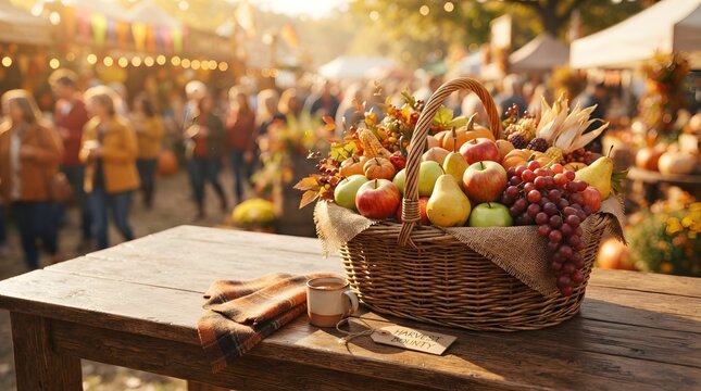 Wicker basket filled with fresh autumn harvest fruits like apples, pears, and grapes on a rustic wooden table at a vibrant outdoor fall festival market