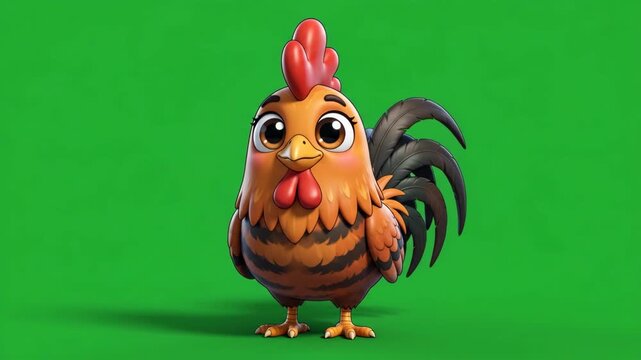 Cute cartoon chicken with a red comb and wattle standing on a green background.
