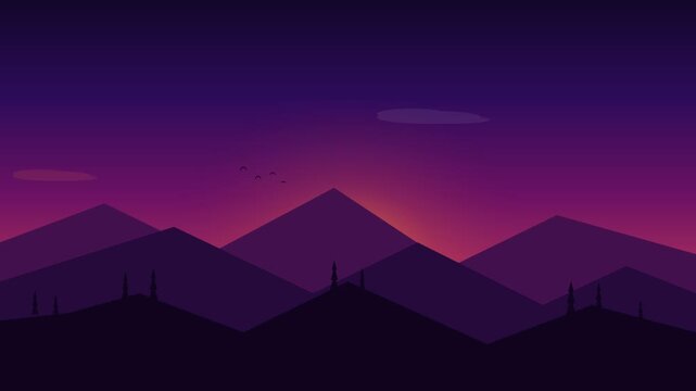 Minimalist mountain landscape illustration at sunset with purple and orange gradient sky