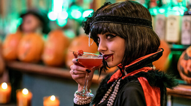 Elegant Woman in Flapper Vampire Costume Drinking Red Cocktail at Halloween Bar