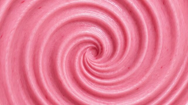 Abstract swirling pattern of soft pink yogurt or ice cream, macro food photography Top view of creamy strawberry swirl texture background with tiny fruit bits