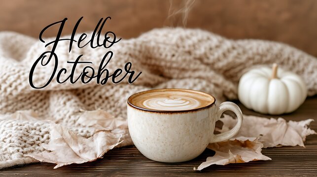 Trendy autumn horizontal banner with text Hello October, cozy coffee mug, white pumpkin and knitted blanket in warm morning light