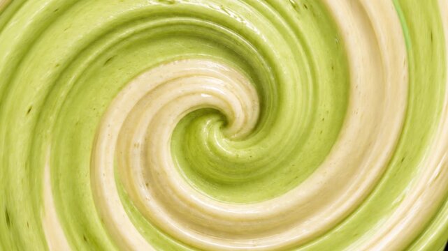 Top View Macro Swirl Pattern of Green Matcha and Beige Vanilla Ice Cream with Video Play Button Close Up Textural Green and Cream Spiral of Swirled Yogurt or Frosting and Media Icon