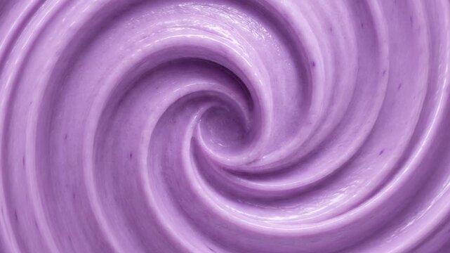 Abstract swirling spiral pattern of soft purple lavender ice cream or smoothie background Top view macro swirl texture of creamy purple blueberry yogurt with video play button
