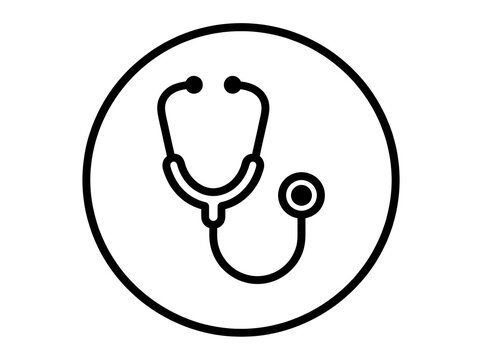 Simple medical icon featuring a stethoscope and plus symbol on a white background