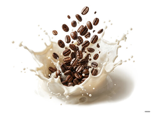 Roasted coffee beans splashing into creamy milk creating a dynamic wave with milk splash bev erage white background food photography white liquid hot drink brown beans splash effect breakfast