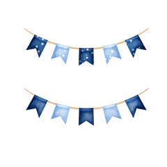 Obraz premium Illustrations of garlands with blue flags, party decoration in children's retro style isolated on background for design of birthday postcard, birthday invitations