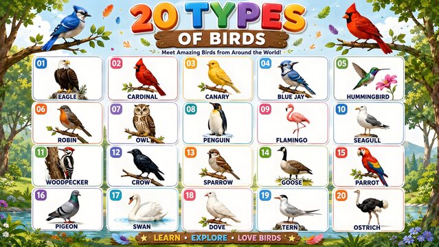 Colorful bird identification chart featuring 20 different bird species from around the world. Educational visual grid poster with bird names.