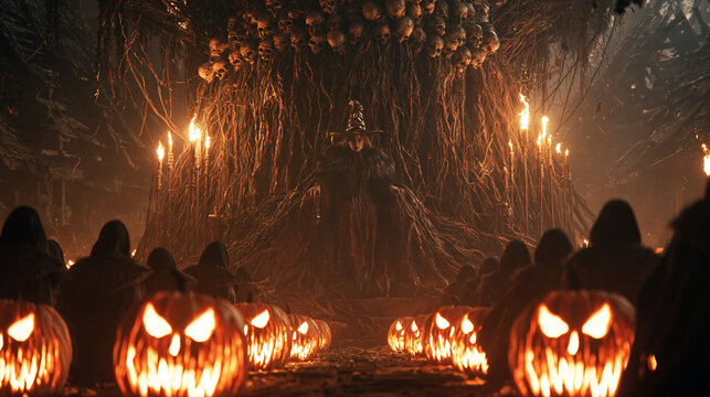 Powerful Witch Queen Sitting on Skull Throne Surrounded by Glowing Pumpkins