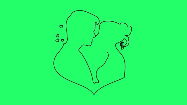 Continuous line art of loving couple silhouette kissing on green screen background for video.