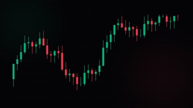 A dynamic candlestick chart displays fluctuating market trends with alternating red and green bars against a dark gradient backdrop, illustrating price movement over time for financial analysis