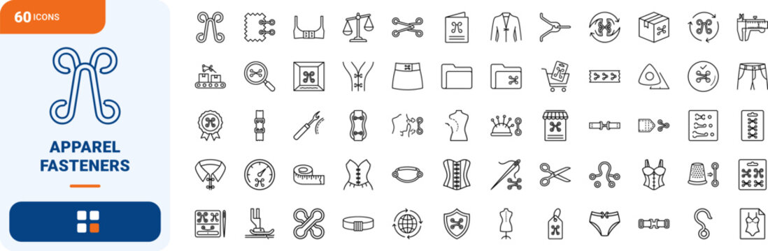 Hook And Eye line icon set. Vector pictograms of garment fasteners, sewing notions, tailoring hardware, and clothing clasps elements, thin linear illustration.