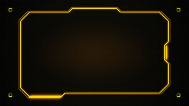 A glowing golden geometric frame with angular edges and corner nodes illuminates against a dark ambient backdrop, creating a futuristic digital interface appearance with warm luminous contours