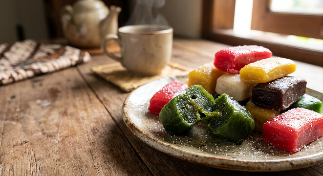 Colorful Indonesian suwar-suwir candy with sliced piece showing soft chewy texture, served on rustic ceramic plate with tea