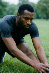 Fototapeta premium Fitness and healthy lifestyle, african american man stretching legs in a park before outdoor workout