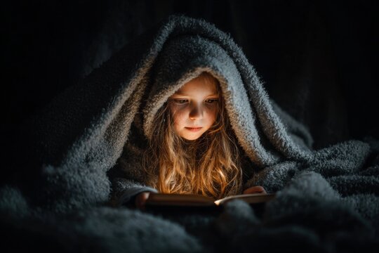 Person reading beneath a cozy blanket at night, using a small flashlight to illuminate the pages