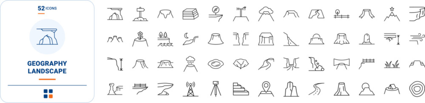Plateau Flat Top line icon set. Vector pictograms of landscape, geography, landform, and geology elements, thin linear illustration.