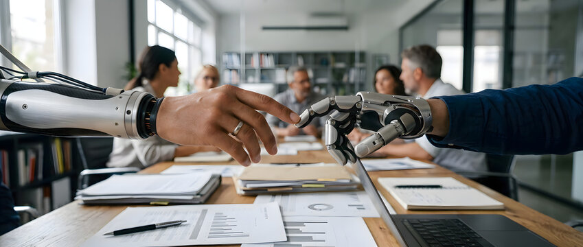 Main robotique et mains humaines se rejoignant autour d&rsquo;une table de r&eacute;union d&rsquo;affaires