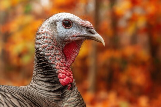 Colorful-feathered turkey exploring a grassy outdoor setting, its head raised with an alert and inquisitive expression