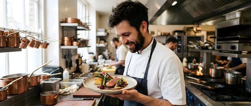 Chef cuisinier souriant pr&eacute;sentant un plat gastronomique dans une cuisine professionnelle