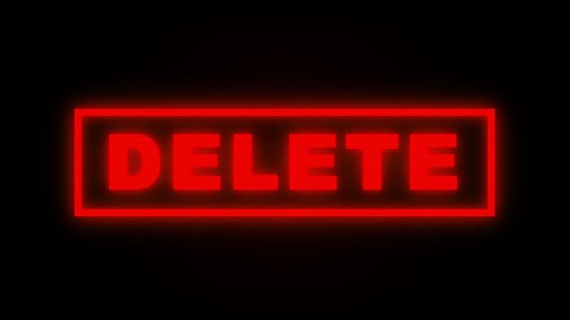 A glowing red neon sign displaying the word DELETE in bold uppercase letters against a dark backdrop, creating a striking visual contrast that commands immediate attention and conveys urgency