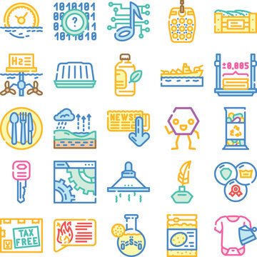 Collection of conceptual colorful icons depicting a wide array of themes including technology, science, data, music, chemistry, education, and various industry and service sectors