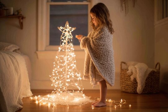 Young girl carefully placing a handmade paper star on the top of a small Christmas tree