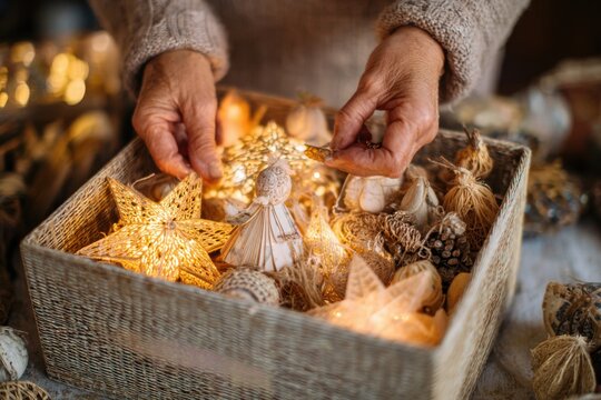 Box of treasured vintage Christmas ornaments being opened by hand, revealing decorations filled with nostalgic memories