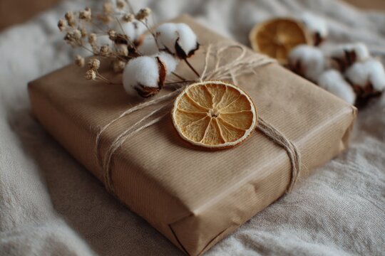 Simple holiday gift wrapped in kraft paper and finished with dried botanical accents for a natural festive look
