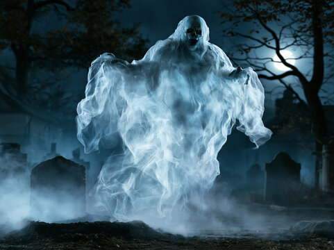 Spooky Flying Ghost Phantom Floating Above Graveyard at Night