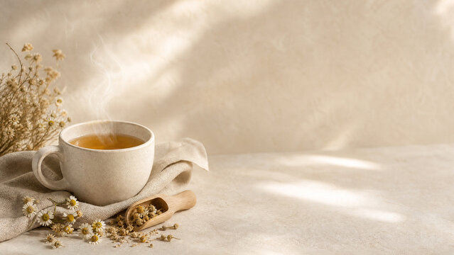Minimalist chamomile tea cup on beige background, herbal tea with dried flowers and linen, cozy wellness aesthetic with soft shadows