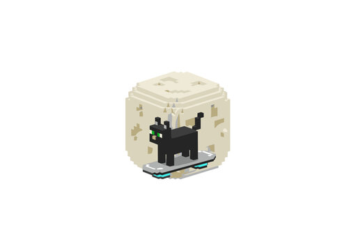 Voxel black cat riding a futuristic hoverboard inside a crater