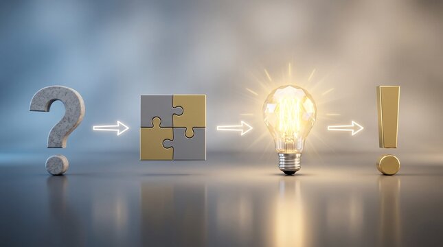 Question mark transforms into puzzle pieces leading to a bright lightbulb idea and finally ending with an exclamation mark icon
