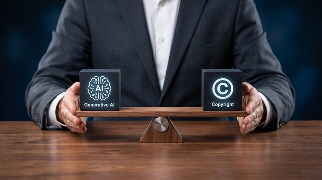 Professional businessman holds wooden scales balancing generative artificial intelligence symbols and legal copyright icons to represent complex modern digital ethics