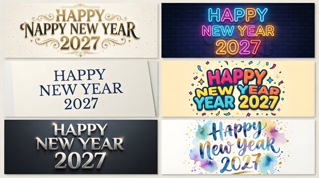 Collection of six happy new year 2027 greeting banners with various artistic styles and typography