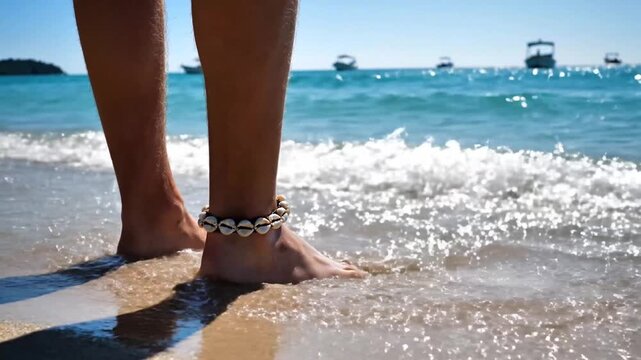 Bare feet with shell anklet on sandy beach
