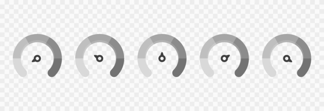 Set of gray indicator icons for speed, risk, and ratings, ranging from low to high. Gauge or dashboard PNG.