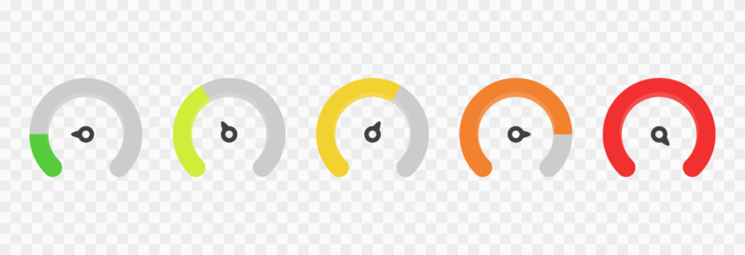 Set of colorful indicator icons for speed, risk, and ratings, ranging from low to high. Gauge or dashboard PNG.