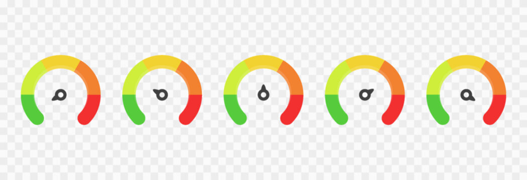 Set of colorful indicator icons for speed, risk, and ratings, ranging from low to high. Gauge or dashboard PNG.