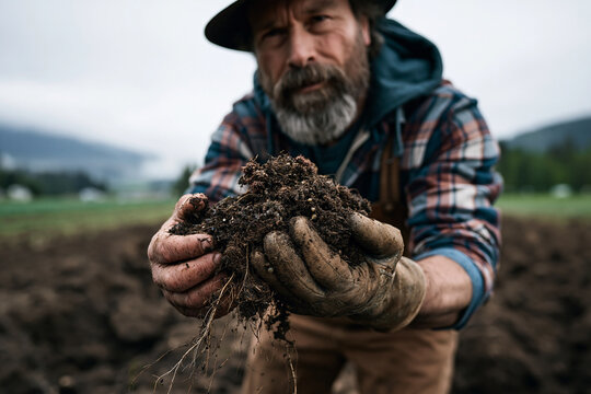 Farmer Holding Fertile Soil in Hands on Agricultural Field