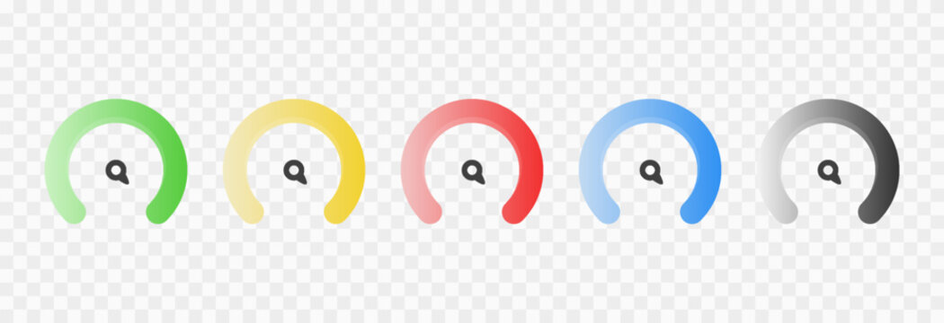 Set of colorful indicator icons for speed, risk, and ratings, ranging from low to high. Gauge or dashboard PNG.