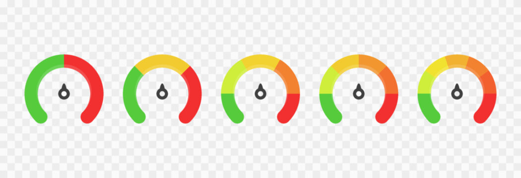 Set of colorful indicator icons for speed, risk, and ratings, ranging from low to high. Gauge or dashboard PNG.
