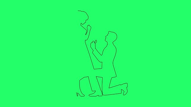 Continuous line drawing of romantic wedding proposal on green screen background 2d animation.