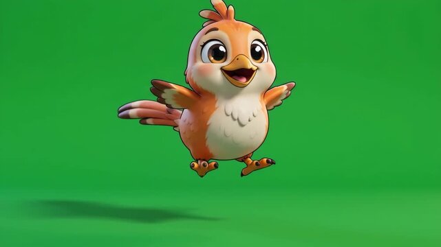 Cute animated baby bird jumping and flapping wings on a green screen background.