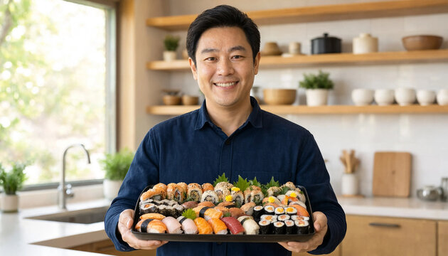 A smiling man presents a large platter of assorted sushi and rolls in a bright modern kitchen with shelves and plants in the background.