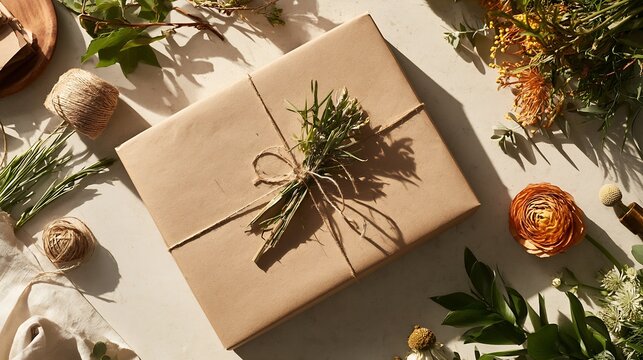 Sustainable Packaging Kraft paper wrapped gift tied with twine and fresh greenery on sunlit tabletop with botanical accents