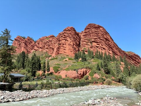 Broken heart mountain view Karry Kyzym, Jeti Oguz canyon area, just before the famous Seven Bulls rock formation in Kyrgyzstan