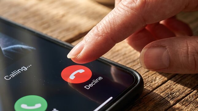 Woman Declining an Unwanted Incoming Call on Her Smartphone